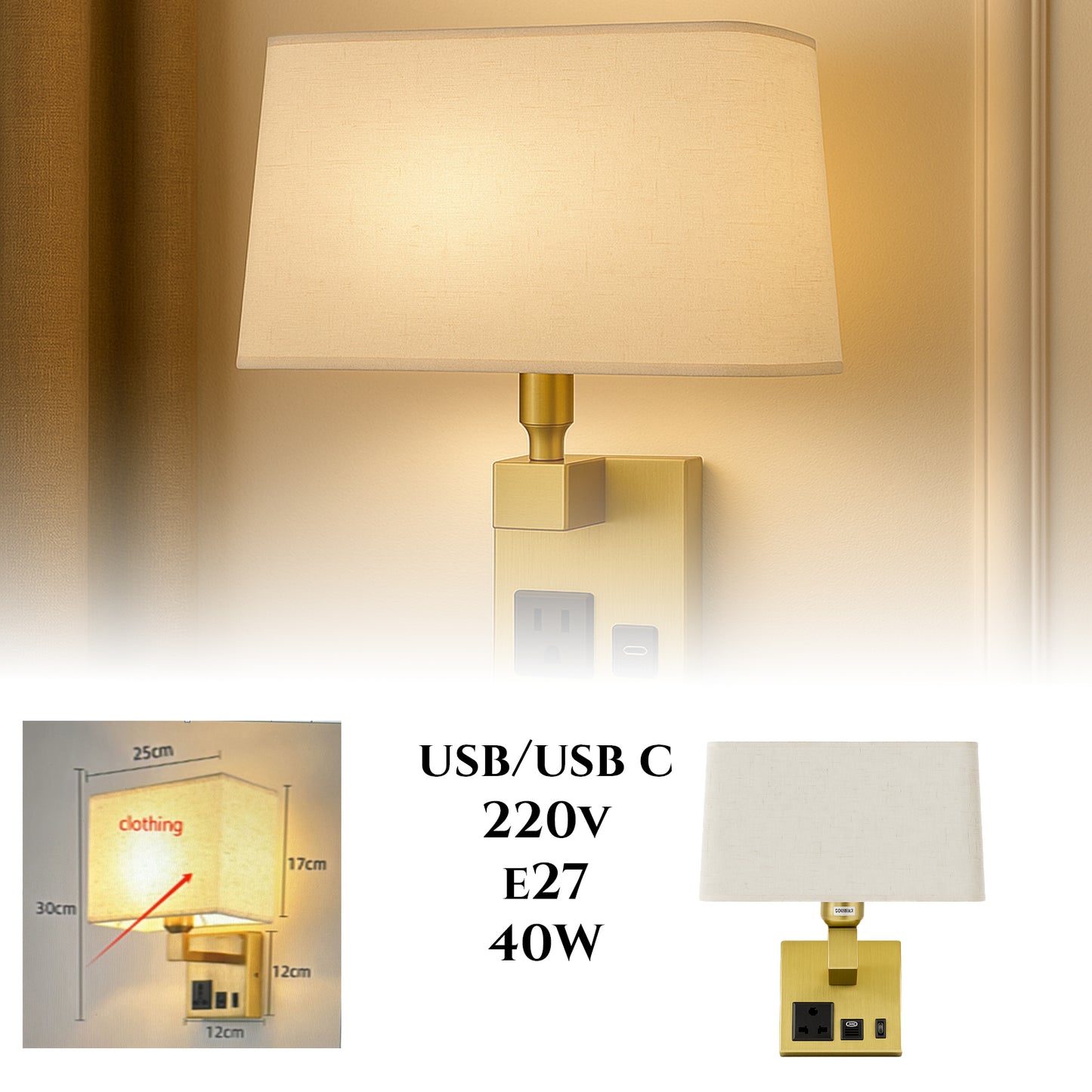 Zidna Lampa s Ugrađenim USB/USB-C Punjenjem + utičnica